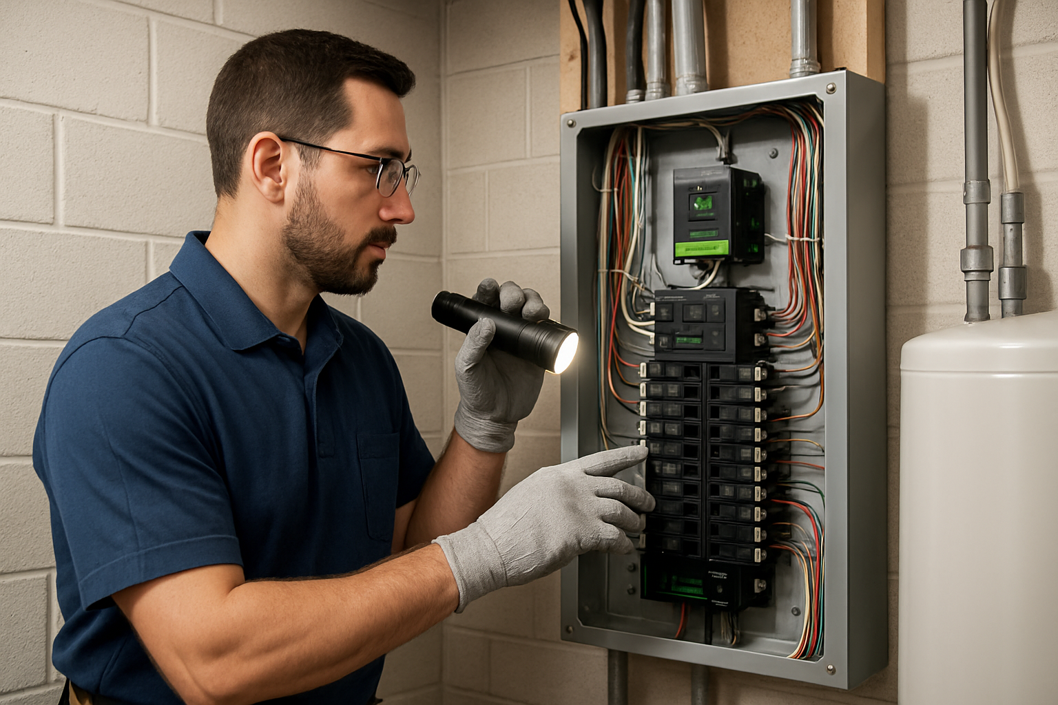 A licensed electrician inspecting a residential electrical panel in a clean basement utility area, wearing safety gloves, with organized breakers, surge protection equipment, and a flashlight illuminating the panel