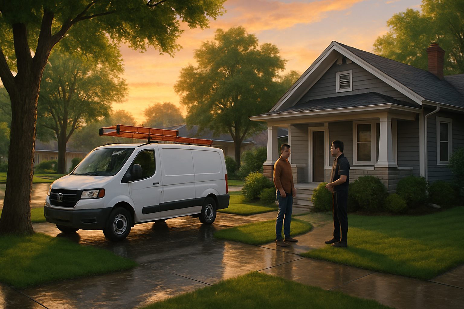 A calm post-storm Libertyville neighborhood at sunset with wet pavement, green lawns, mature trees, a service van for a local electrician parked in a driveway, and a homeowner speaking with an electrician near the front porch