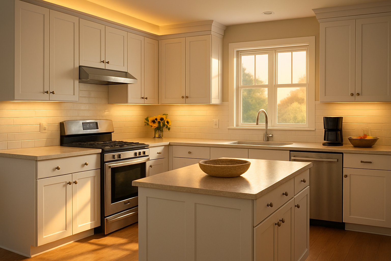 A bright Libertyville, Illinois kitchen in late summer with white upper cabinets, warm wood floors, subtle over cabinet LED lighting glowing softly near the ceiling, evening sunlight fading through a window, and a clean welcoming family atmosphere