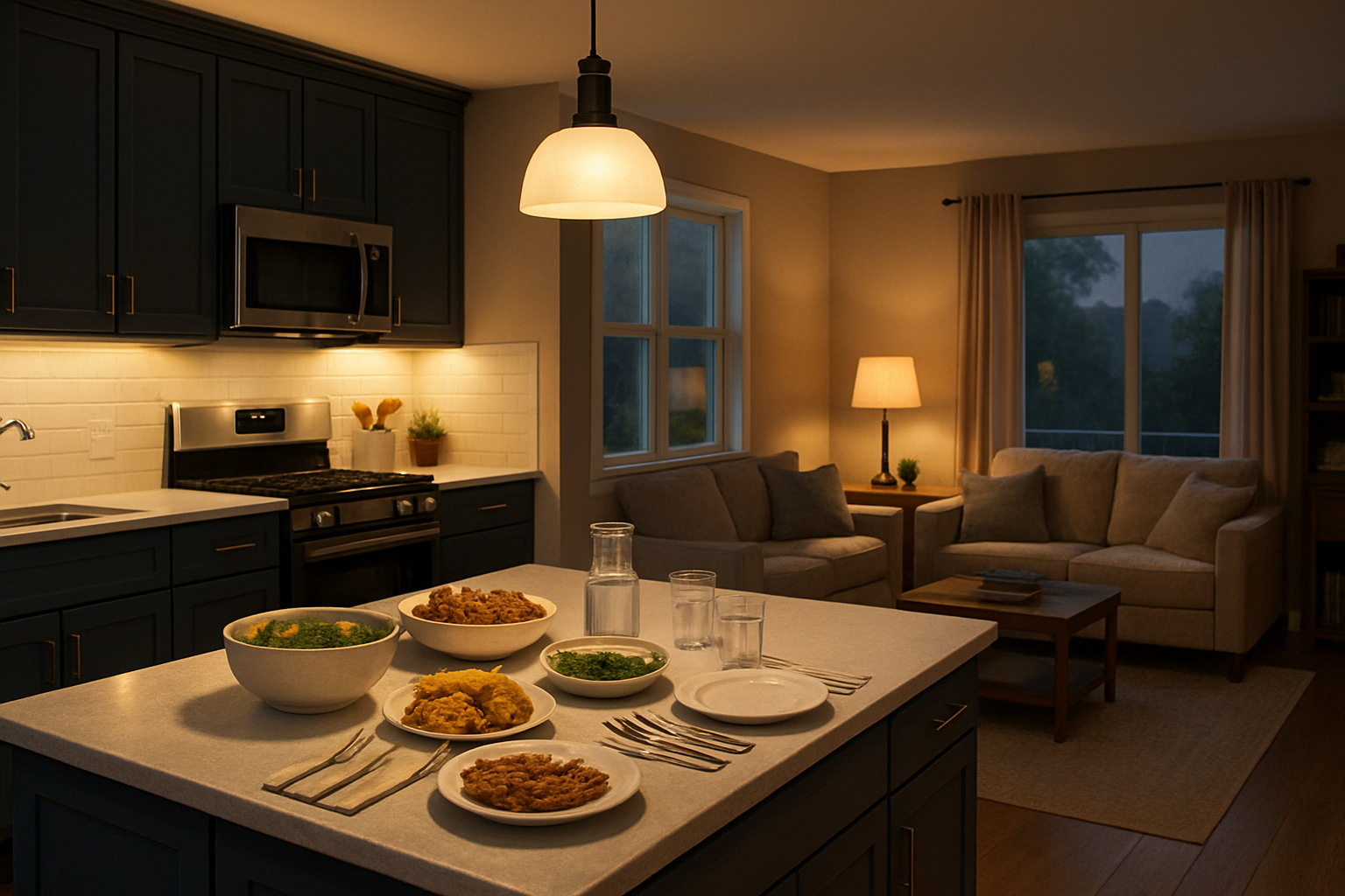 A cozy open-concept kitchen and living area in a Libertyville home on a humid August evening, with over cabinet lighting casting a warm glow above dark blue cabinets, family dinner items on the island, and soft ambient light creating a relaxed atmosphere