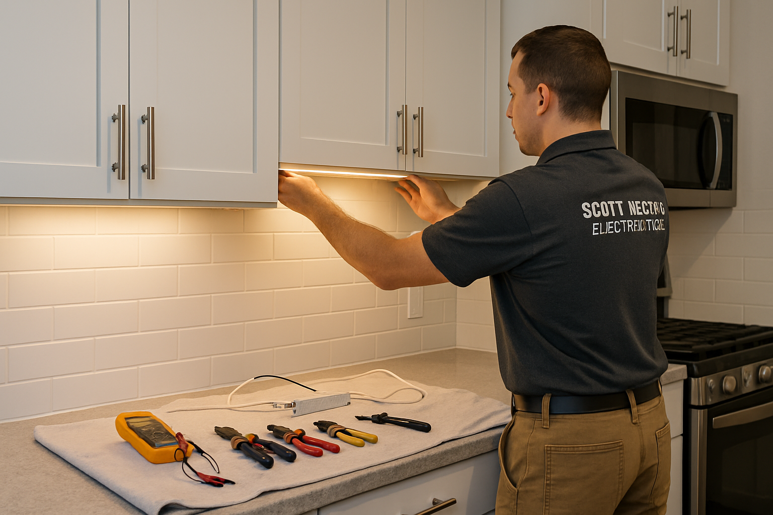 A professional electrician from Scott Nelson Electric Inc installing concealed LED over cabinet lighting in a neat Libertyville kitchen, with tools organized on a protective cloth, warm cabinet lighting being tested, and a clean safe work environment