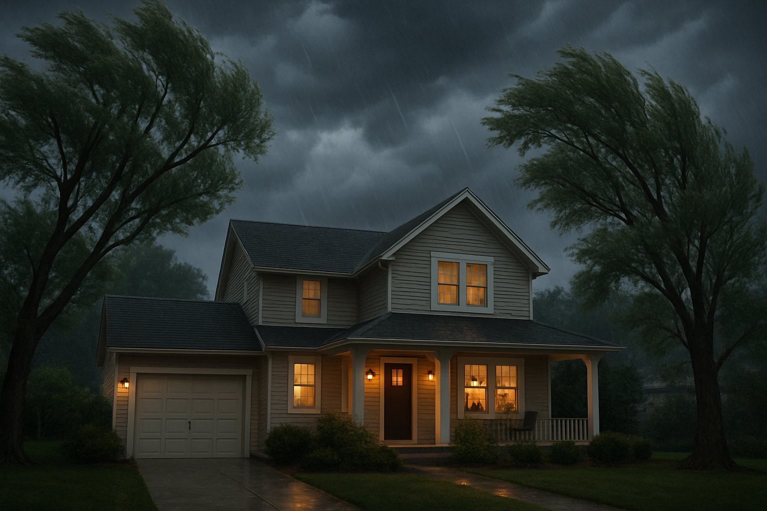 A Libertyville Illinois suburban home in late summer under dark storm clouds, with mature trees bending in the wind, rain beginning to fall, and warm porch lights glowing as a family prepares indoors