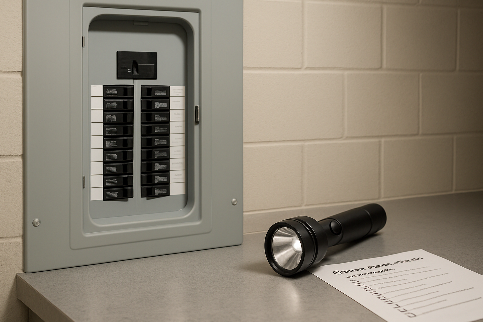 Close-up photographic scene of a clean residential electrical panel with labeled breakers, a flashlight and storm preparedness checklist nearby, in a finished basement of a Libertyville home