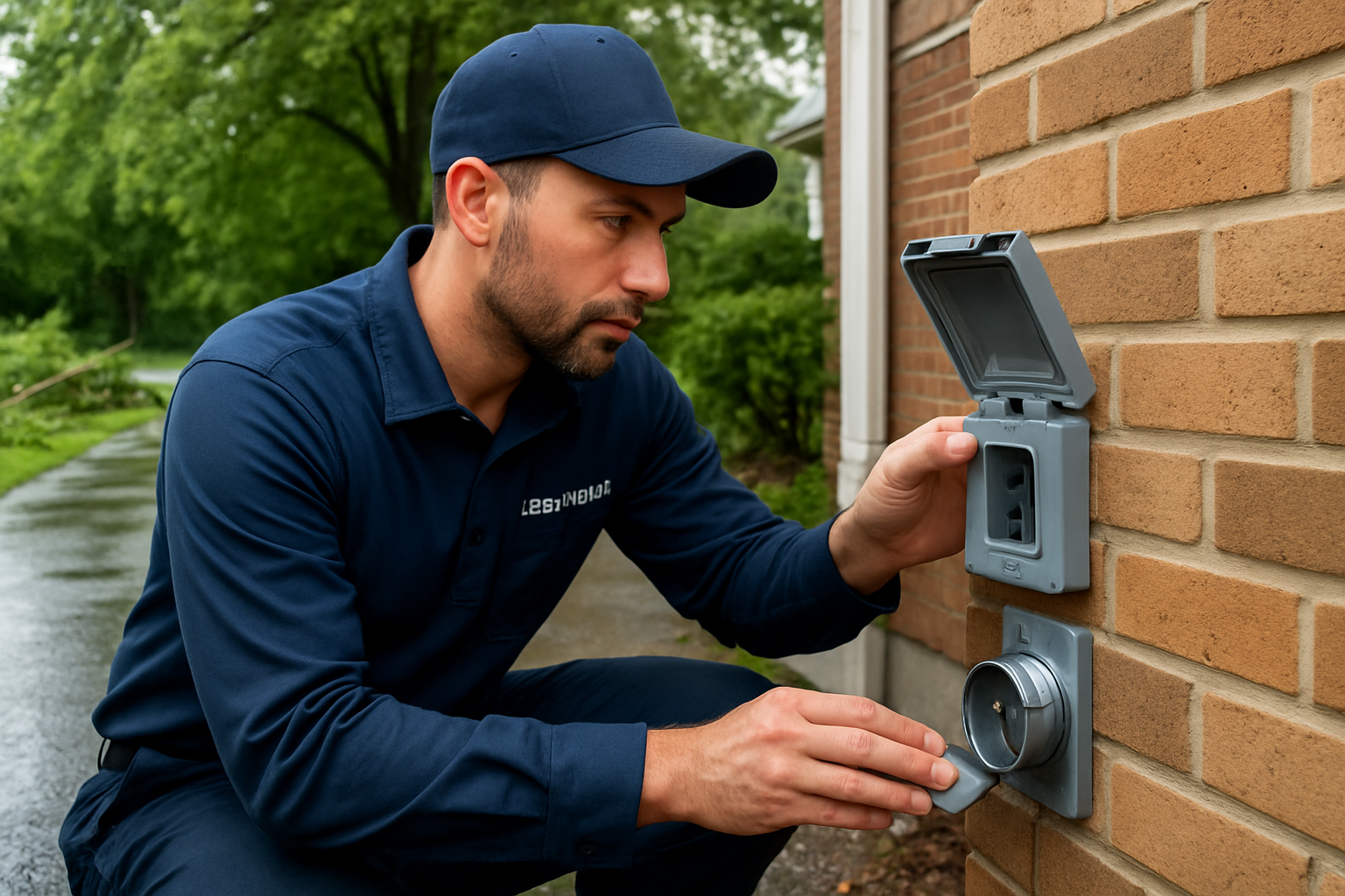 Professional electrician in branded workwear inspecting an outdoor weatherproof electrical outlet and generator inlet on a Libertyville home after a summer storm, with wet pavement and cleared tree branches in the background
