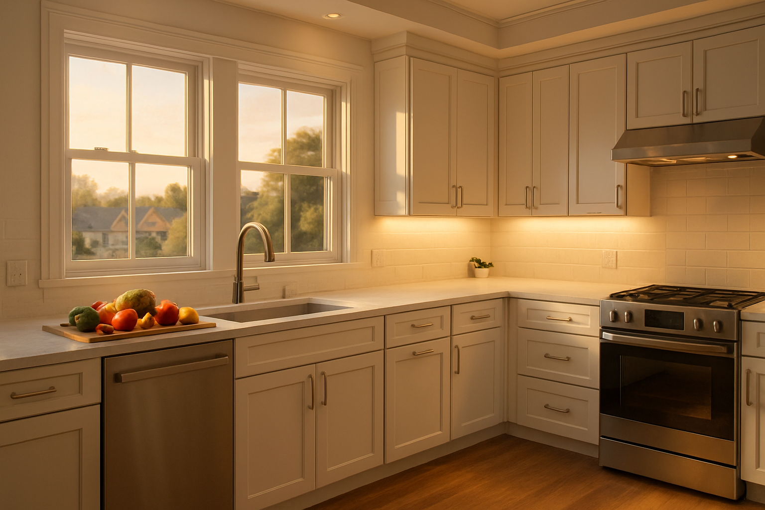 A bright modern kitchen in Libertyville Illinois in late summer, warm evening light coming through windows, white cabinets with sleek LED under cabinet lighting illuminating a quartz countertop, subtle over cabinet accent glow near the ceiling, fresh vegetables and iced tea on the counter, inviting and realistic residential interior photography