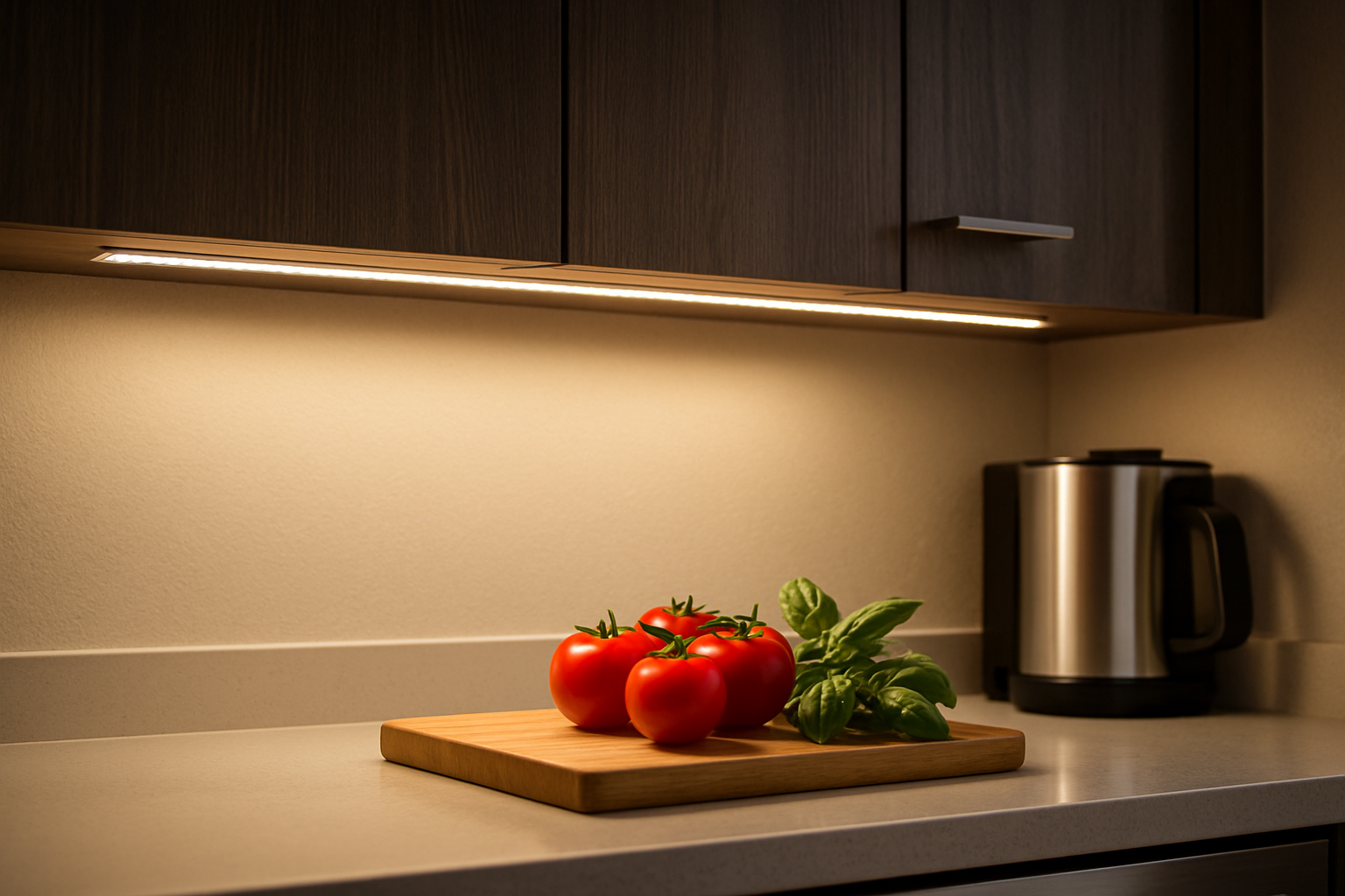 Close-up view of professional LED under cabinet light strips installed beneath dark wood kitchen cabinets, warm white light evenly illuminating a clean countertop with a cutting board, tomatoes, basil, and stainless steel appliances, realistic electrical home improvement photography