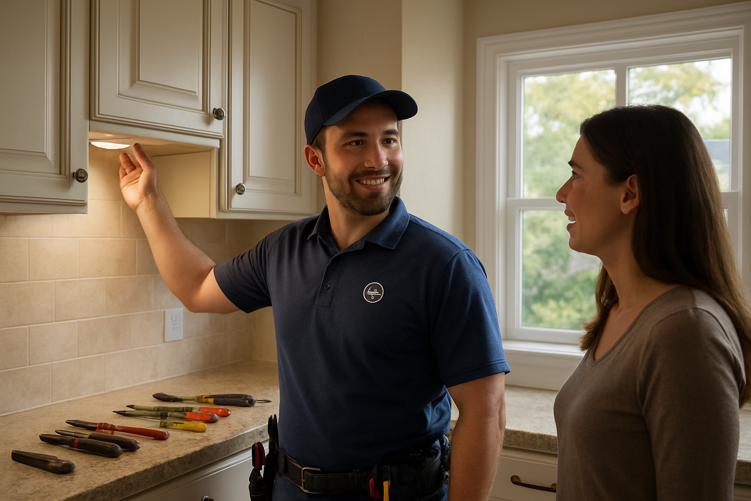 Friendly professional electrician from a local Libertyville Illinois electrical company installing cabinet lighting in a residential kitchen, tools neatly arranged, homeowner speaking with electrician, late summer daylight outside the window, realistic documentary-style home service photography