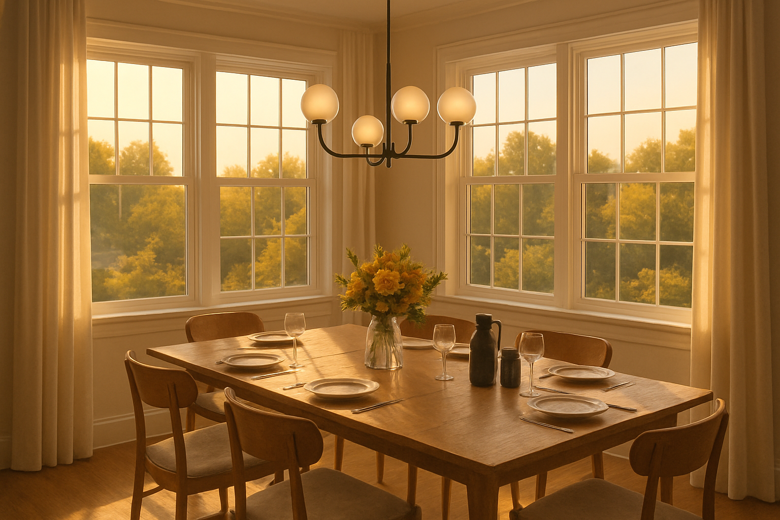 A bright Libertyville Illinois dining room in late August with warm evening sunlight coming through large windows, a wooden dining table set for dinner, and an elegant modern chandelier centered above the table