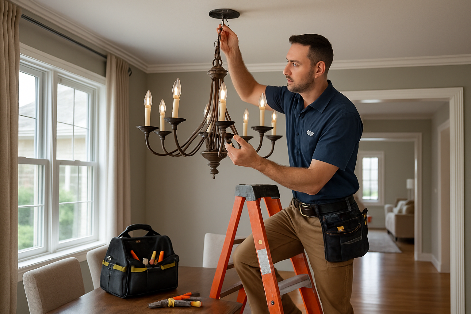 A licensed electrician carefully installing a dining room chandelier from a ladder, with tools nearby, visible ceiling electrical box, and a clean well-kept suburban Libertyville home interior