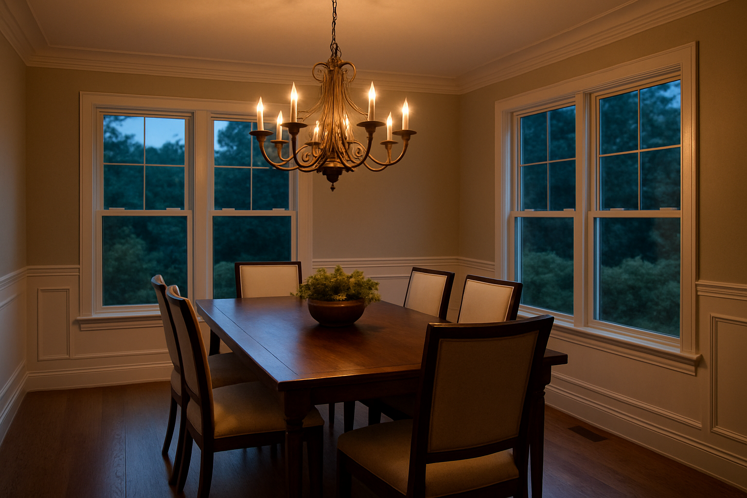 A finished elegant dining room in Libertyville Illinois at dusk in August, chandelier glowing warmly over a family dining table, soft outdoor greenery visible through the windows, inviting and professionally lit atmosphere