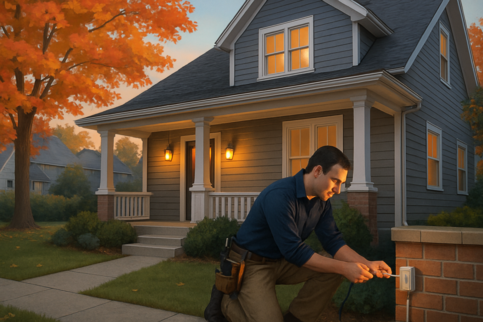 A cozy Libertyville Illinois suburban home in early September with changing leaves, porch lights glowing at dusk, a clean walkway, and an electrician inspecting an exterior electrical outlet near the front porch
