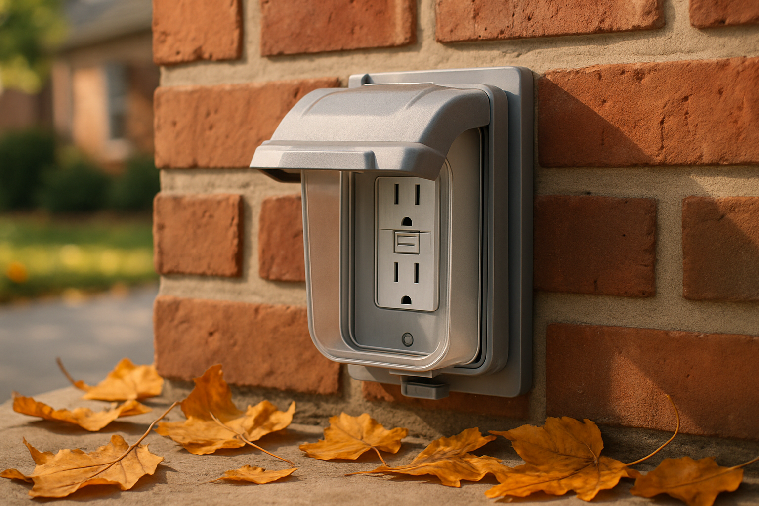 Close-up of a weather-resistant outdoor GFCI outlet with a protective cover on a brick Libertyville home, surrounded by early fall leaves and soft natural September light