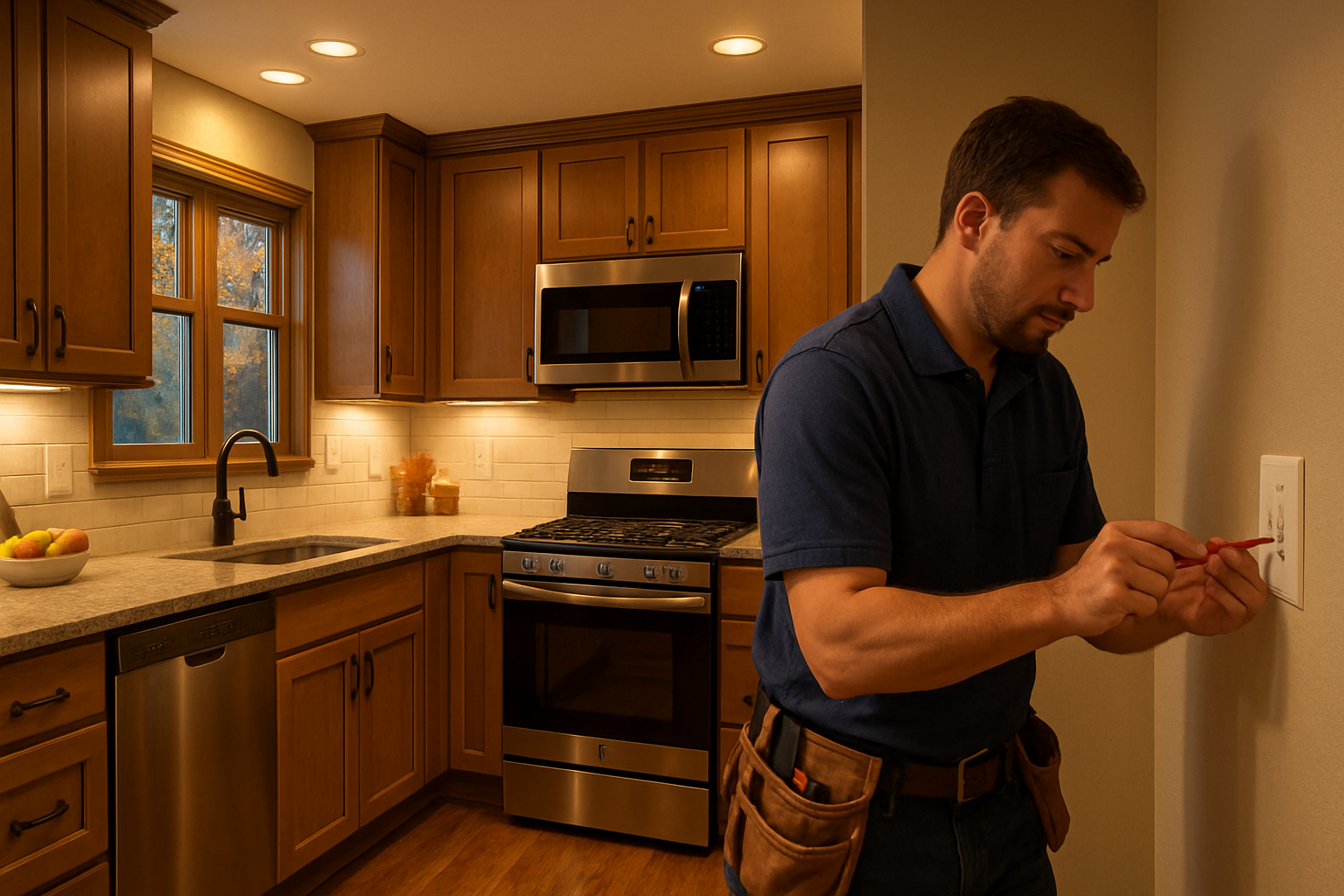 Interior of a Libertyville home kitchen in early fall with warm LED recessed lighting, under-cabinet lights illuminating countertops, and an electrician checking a wall switch plate
