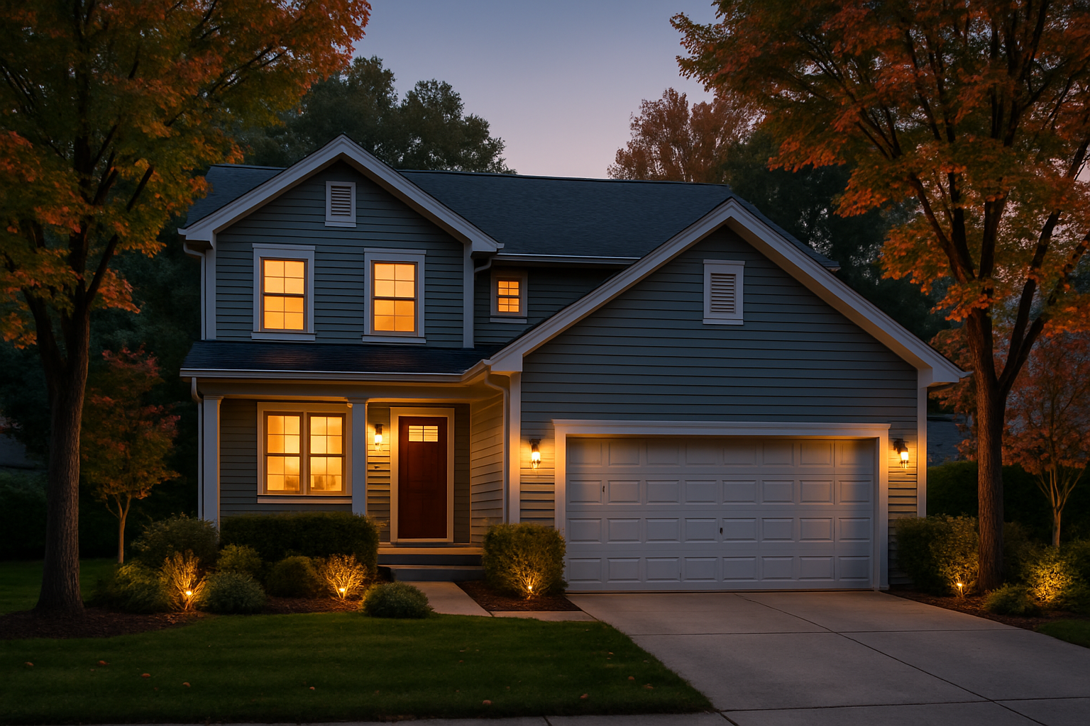 Exterior of a well-kept suburban Libertyville Illinois home in early September at dusk, warm porch lights and landscape lighting turned on, mature trees beginning to show slight fall color, realistic residential photography
