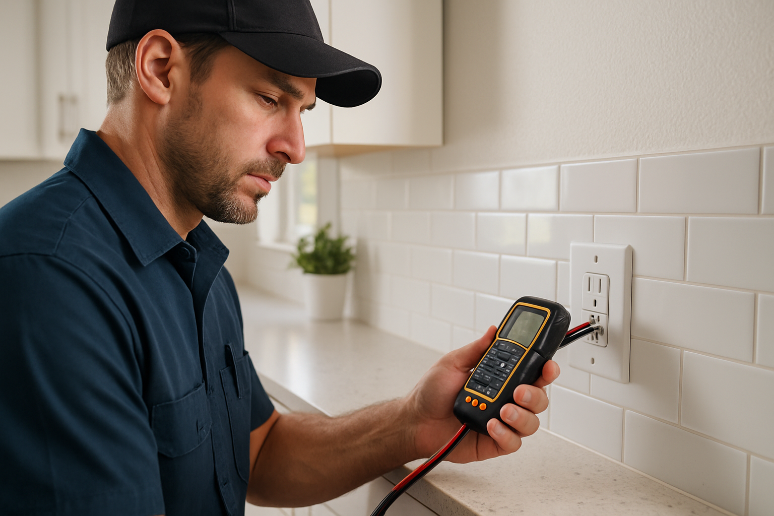 Close-up of a licensed electrician testing a modern GFCI outlet in a bright residential kitchen, with a digital tester in hand, clean countertops in the background, natural September daylight, realistic professional photography