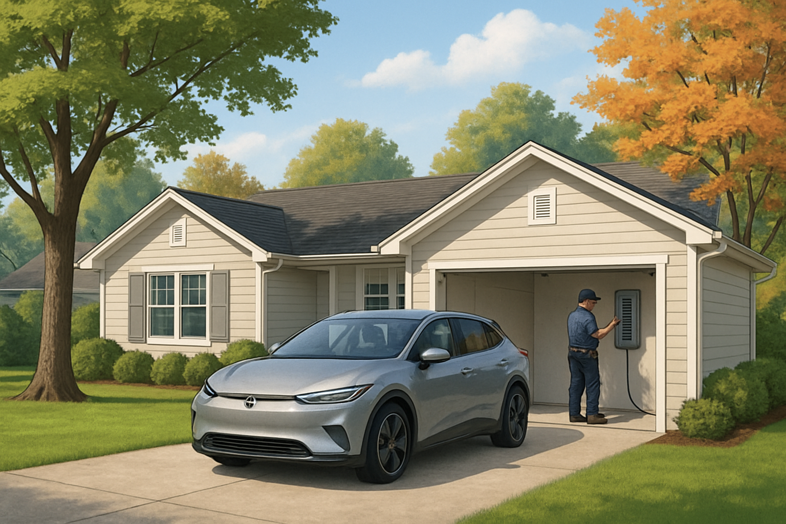 A clean suburban Libertyville, Illinois home in early September with green lawn, mature trees beginning to show slight fall color, an electric vehicle parked in the driveway, and a professional electrician inspecting the garage electrical panel