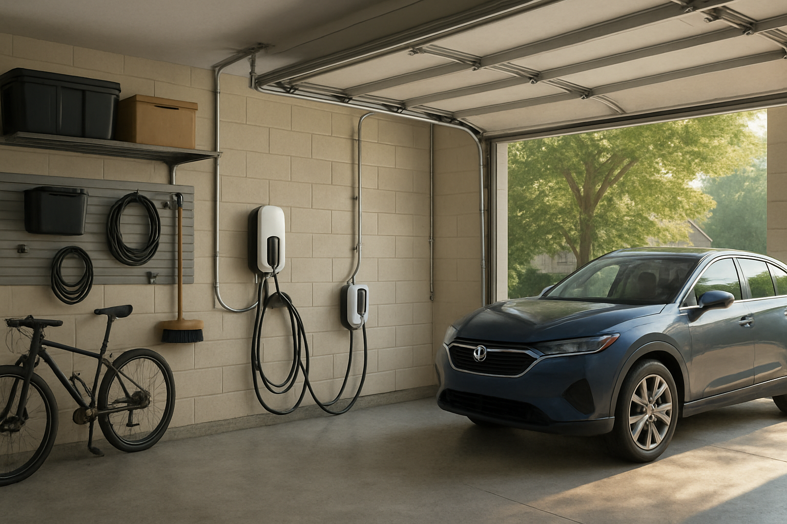 Interior of a tidy residential garage in Libertyville with an EV charger mounted on the wall near a parked electric SUV, electrical conduit neatly installed, soft September daylight coming through the open garage door