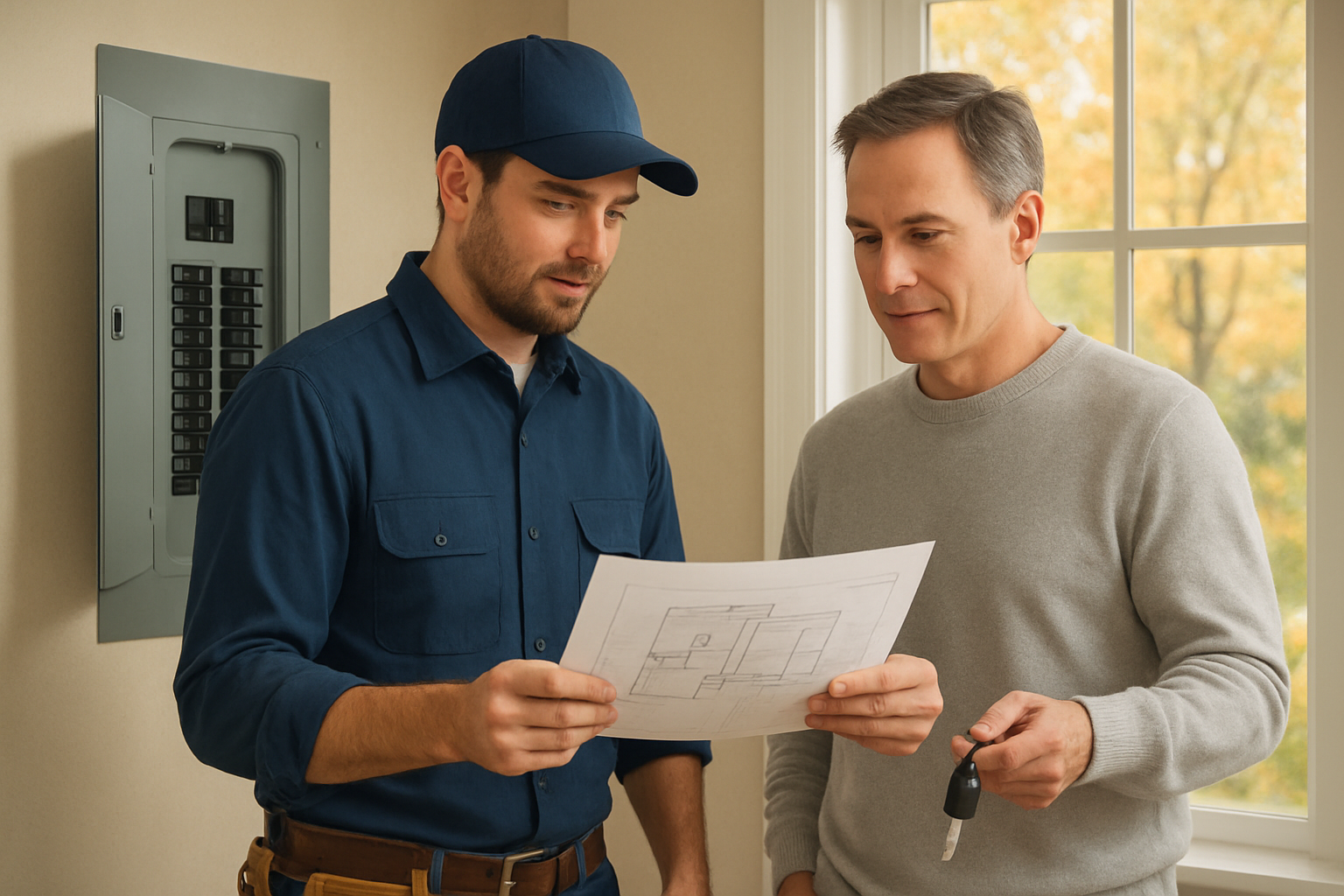 Professional electrician from a local Libertyville electrical company standing beside an open residential electrical panel, reviewing EV charger installation plans with a homeowner holding car keys, with early autumn light visible through a nearby window