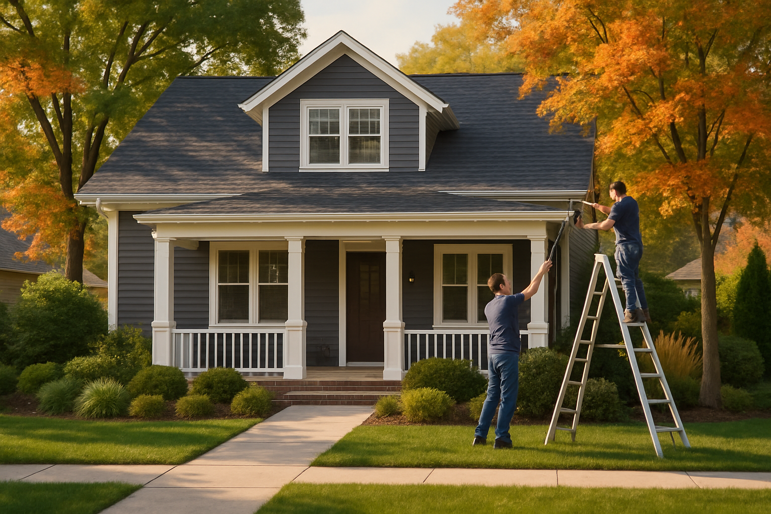 A well-maintained suburban home in Libertyville, Illinois in early September, with mature trees beginning to show hints of fall color, a clean front walkway, porch columns, roofline, and landscaped yard ready for seasonal lighting installation under soft late-afternoon sunlight
