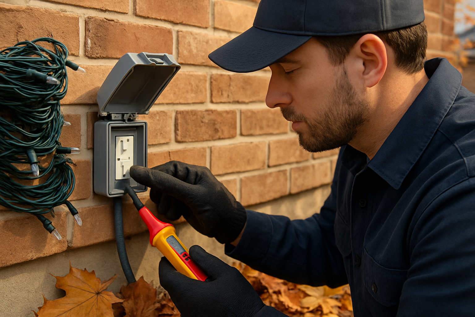 Close-up photographic scene of a professional electrician inspecting a weather-resistant outdoor GFCI outlet on the side of a brick Libertyville home, with coiled seasonal LED lights, a voltage tester, and autumn leaves visible nearby