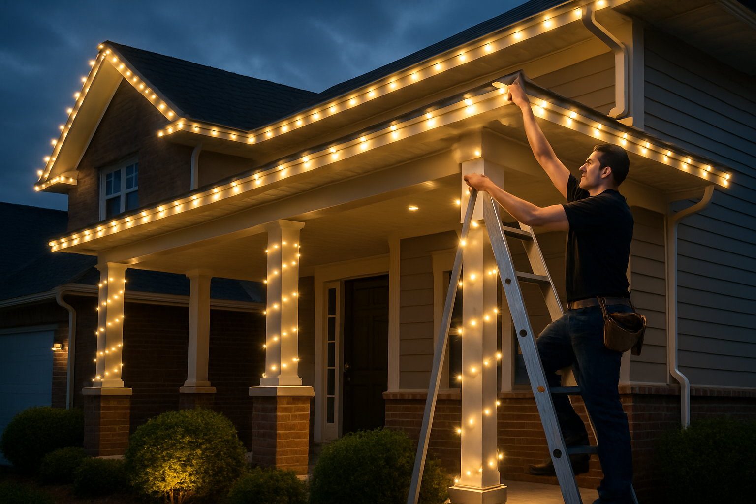 Professional seasonal lighting installation on a Libertyville, Illinois home at dusk, with warm white lights neatly installed along the roofline and porch columns, landscaped shrubs softly illuminated, and an electrician safely working from a ladder while the sky turns blue-gray