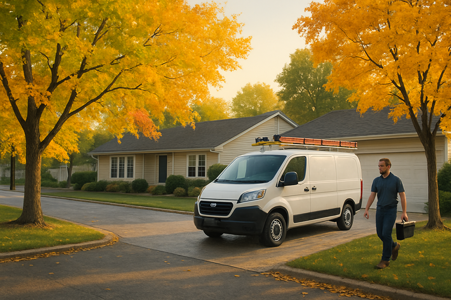 [A September residential street in Libertyville Illinois with mature trees beginning to turn yellow and orange, a well-kept suburban home in the background, and an electrician’s service van parked in the driveway during a crisp early evening]