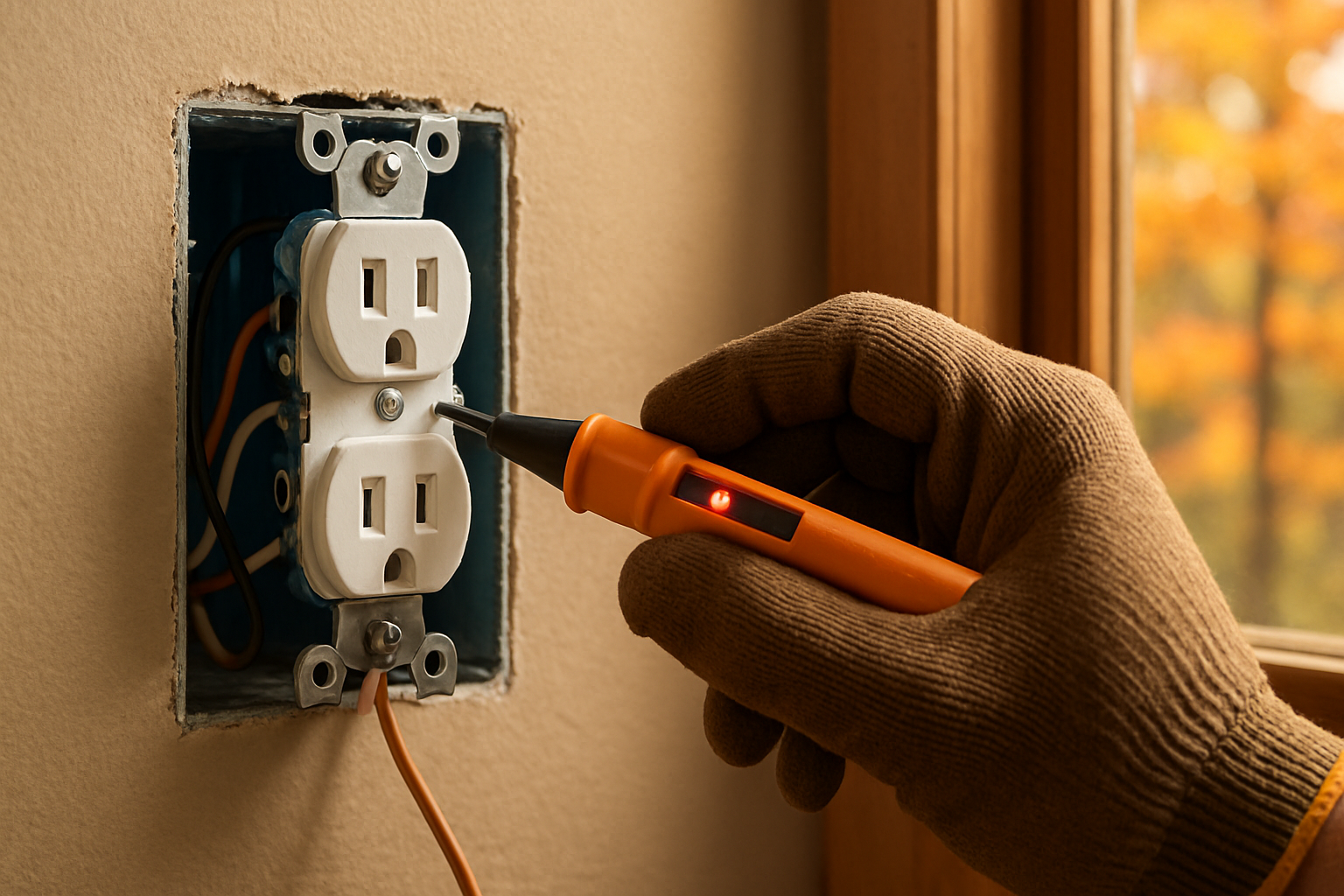 [Close-up photographic view of a residential electrical outlet and wiring inside an open wall box, with an electrician’s gloved hands using a voltage tester, warm indoor lighting, and subtle fall-colored leaves visible through a nearby window]