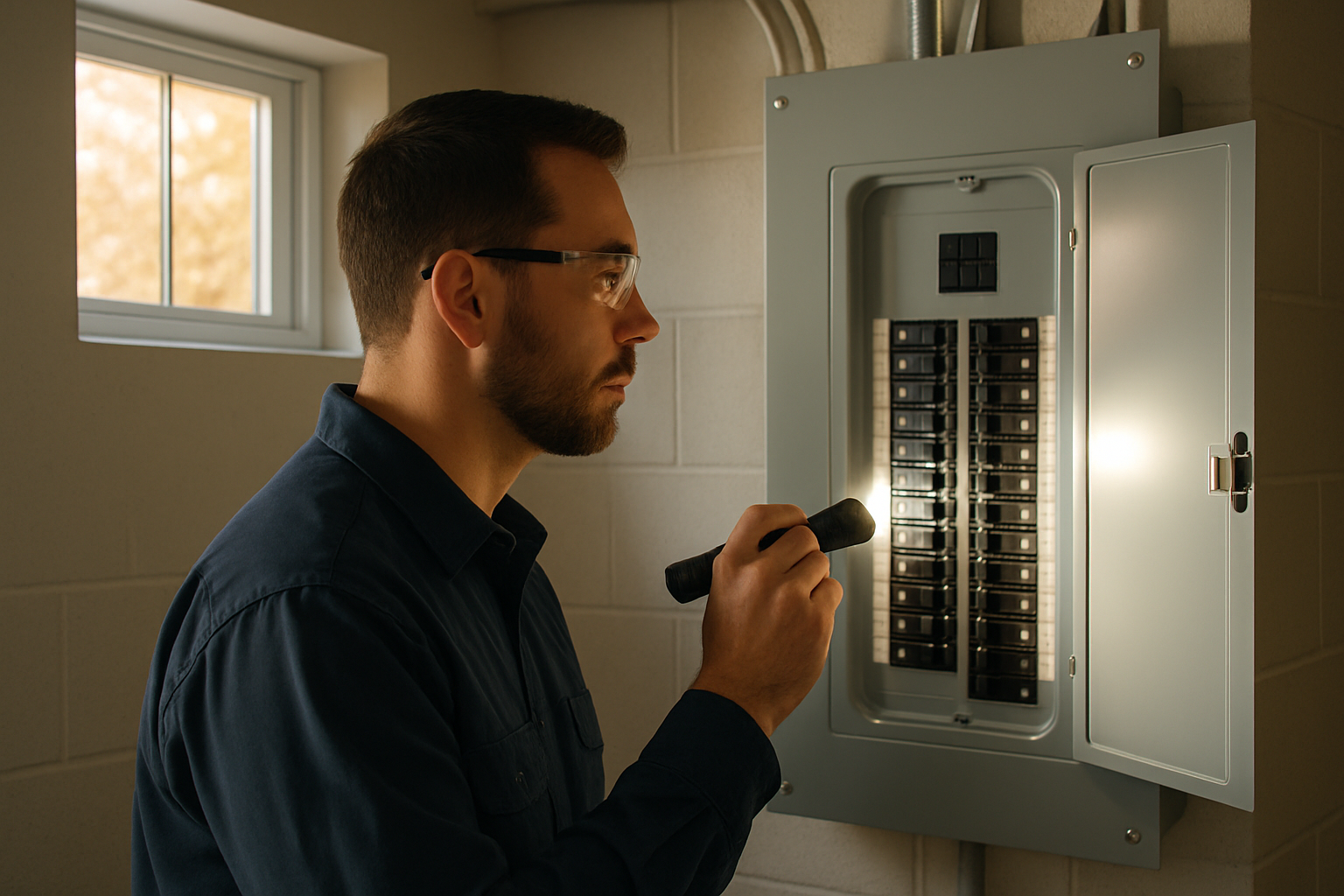 [Professional electrician inspecting a residential electrical panel in a clean basement utility room, wearing safety glasses and holding a flashlight, with organized breakers, labeled circuits, and subtle autumn daylight coming through a small basement window]