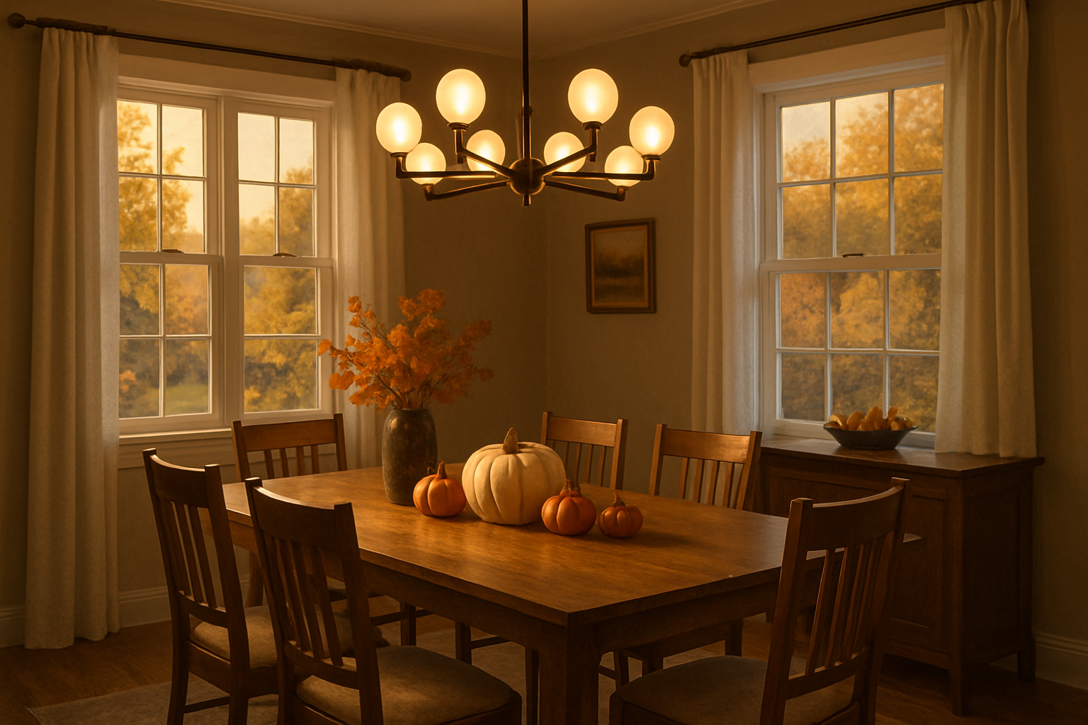 A warm early autumn dining room in a Libertyville Illinois home with a large modern chandelier glowing above a wood dining table, soft September evening light coming through windows, subtle fall decor with pumpkins and amber leaves, cozy upscale residential interior