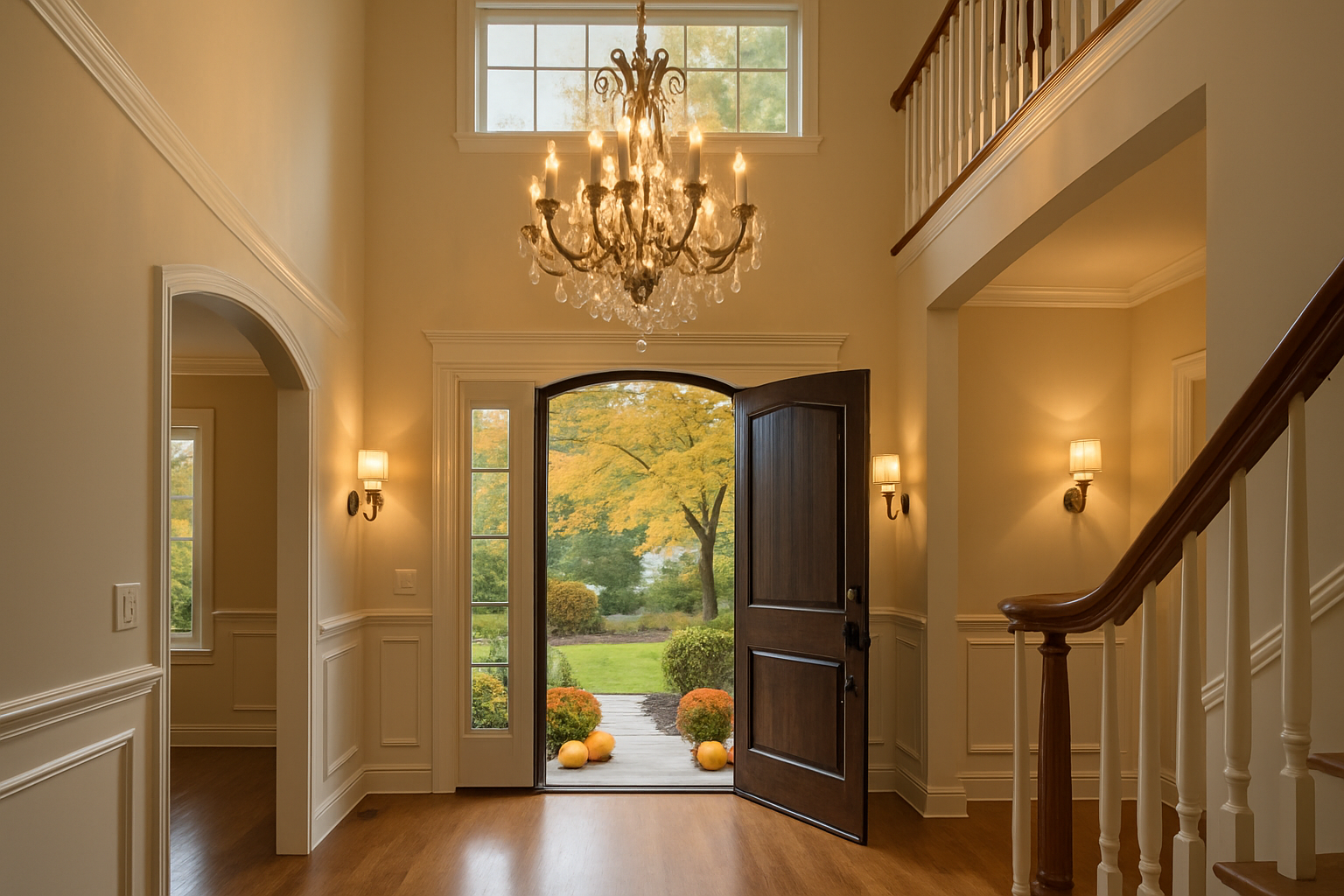 A two-story foyer in a suburban Libertyville home with a large elegant chandelier hanging from a high ceiling, front door open to reveal early autumn landscaping, mums and pumpkins outside, warm interior lighting and polished wood floors