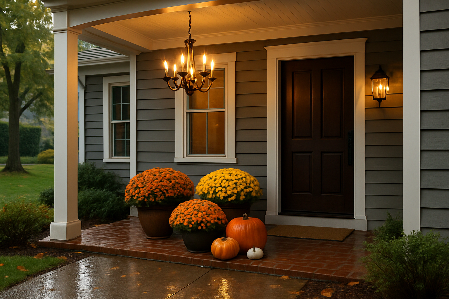 A covered front porch of a Libertyville Illinois home in September with an outdoor-rated hanging chandelier glowing warmly, fall mums and pumpkins near the doorway, damp pavement after a light autumn rain, cozy welcoming curb appeal