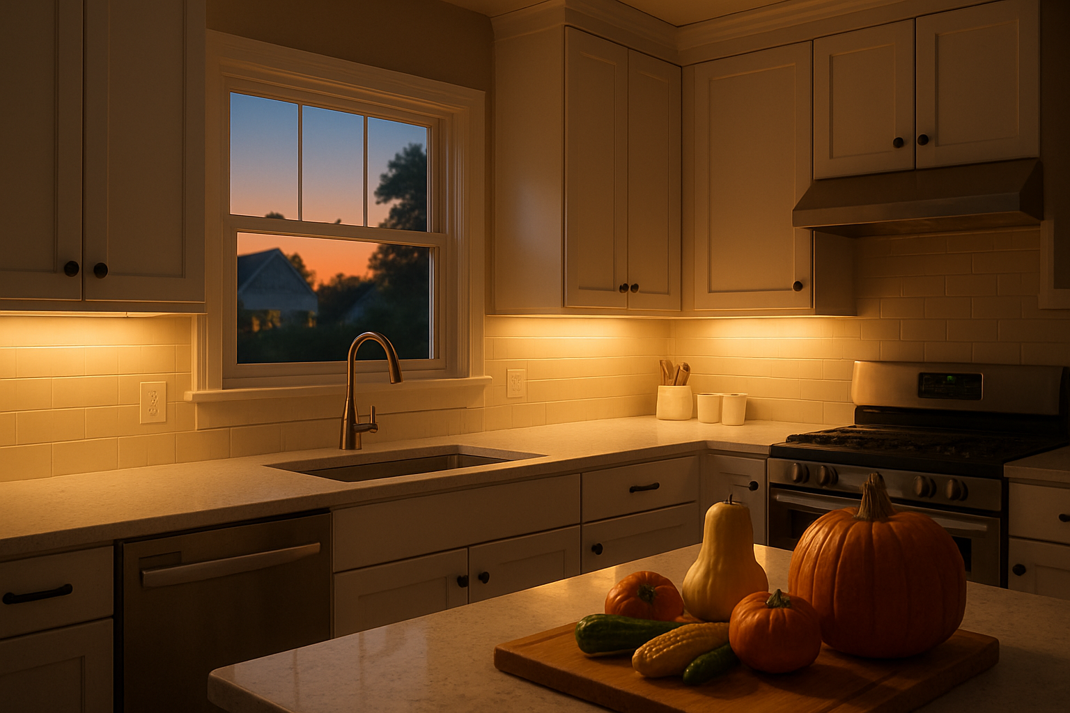 A warm early September evening kitchen in Libertyville Illinois with soft dusk light outside the window, white cabinets, quartz countertops, glowing under cabinet LED strip lighting illuminating a cutting board and fresh fall vegetables, cozy suburban home atmosphere