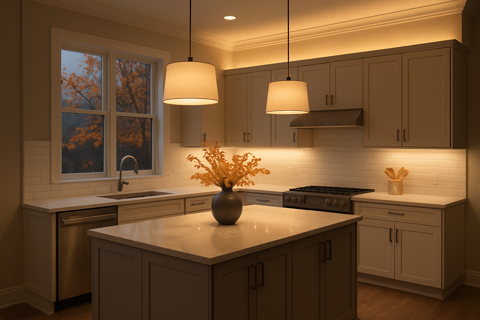 A stylish suburban Libertyville kitchen at twilight with upper cabinets stopping below the ceiling, soft over cabinet LED lighting casting a warm glow upward, pendant lights dimmed, autumn branches visible through a window, elegant and inviting atmosphere
