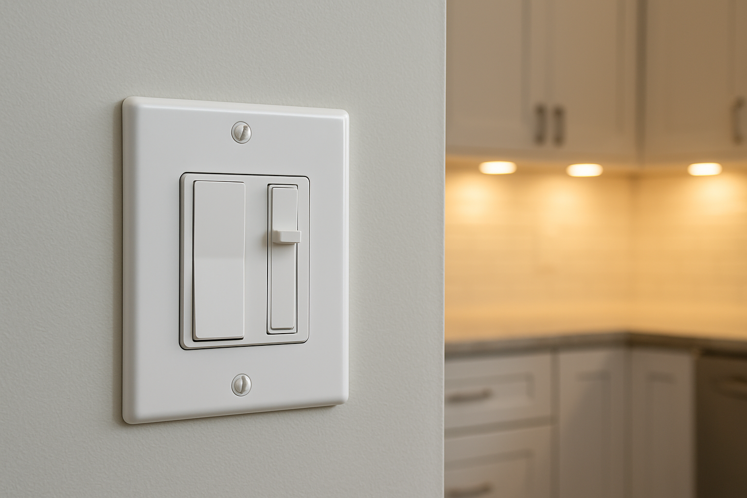 Close-up of a professionally installed kitchen light switch and dimmer panel on a clean painted wall, with softly glowing under cabinet lights visible in the background, modern electrical finish, neat installation in a Libertyville Illinois home