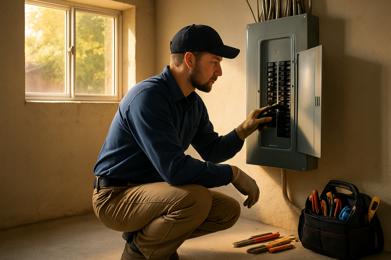 A professional electrician in a clean uniform inspecting a residential electrical panel inside a Libertyville, Illinois home, with organized tools nearby, warm late-September sunlight coming through a basement window, realistic documentary photography style