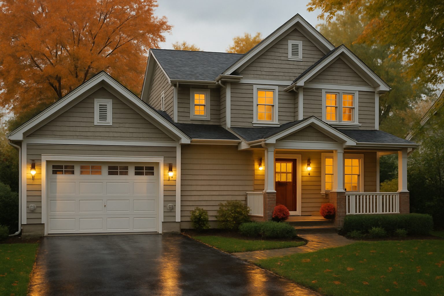 A cozy suburban Libertyville home exterior in early fall with changing leaves, damp driveway after light rain, illuminated porch lights, outdoor GFCI outlet with weatherproof cover visible, realistic residential photography