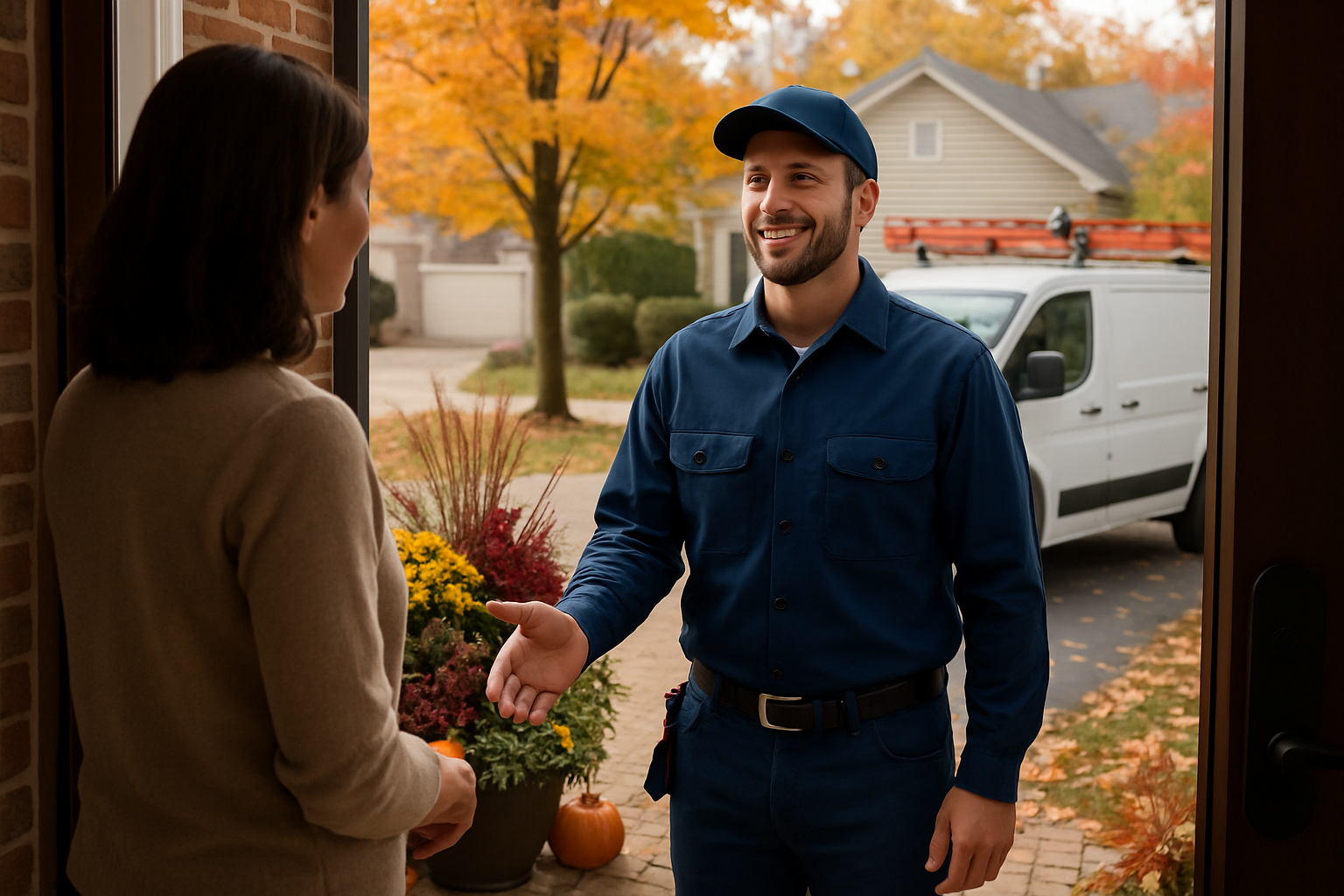 Friendly electrician from a local electrical company speaking with a homeowner at the front door of a Libertyville house in September, fall planters and maple leaves visible, service van in driveway, natural light, realistic professional photography
