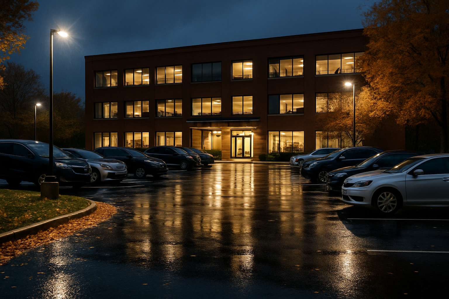 A commercial office building parking lot in Libertyville Illinois on an October evening, wet pavement after light rain, golden fall leaves along the curb, bright LED pole lights illuminating parked cars and the building entrance, professional realistic photography