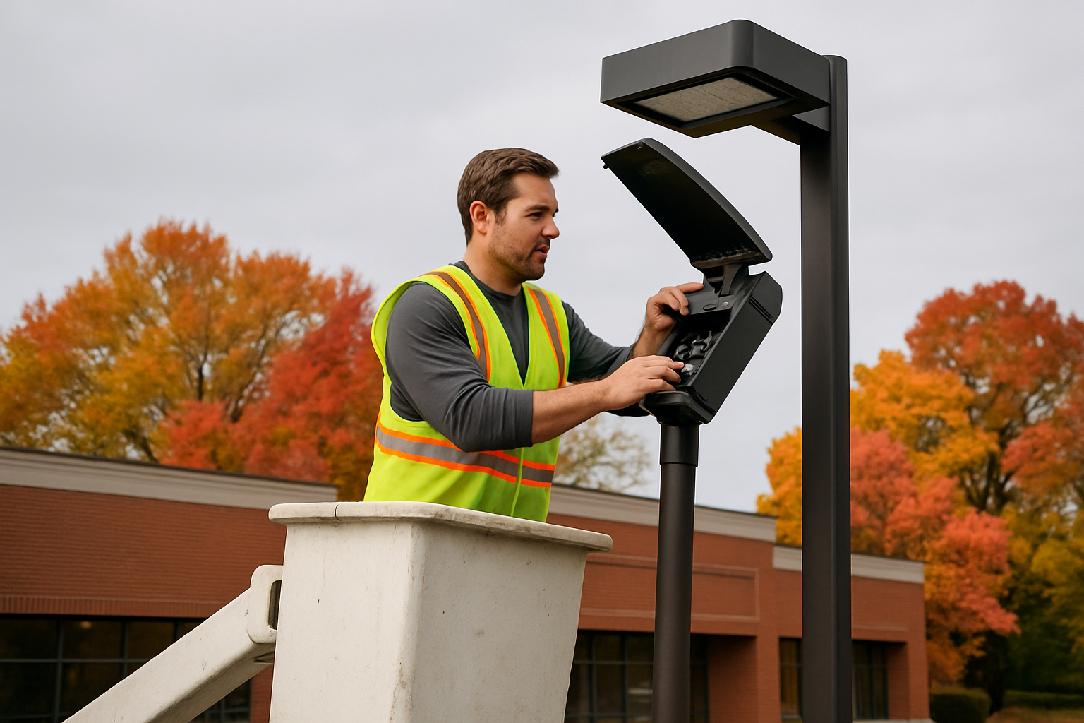 An electrician in a safety vest working from a lift on a commercial LED parking lot light pole outside a Libertyville Illinois retail property in autumn, colorful trees in the background, overcast October sky, realistic professional photography