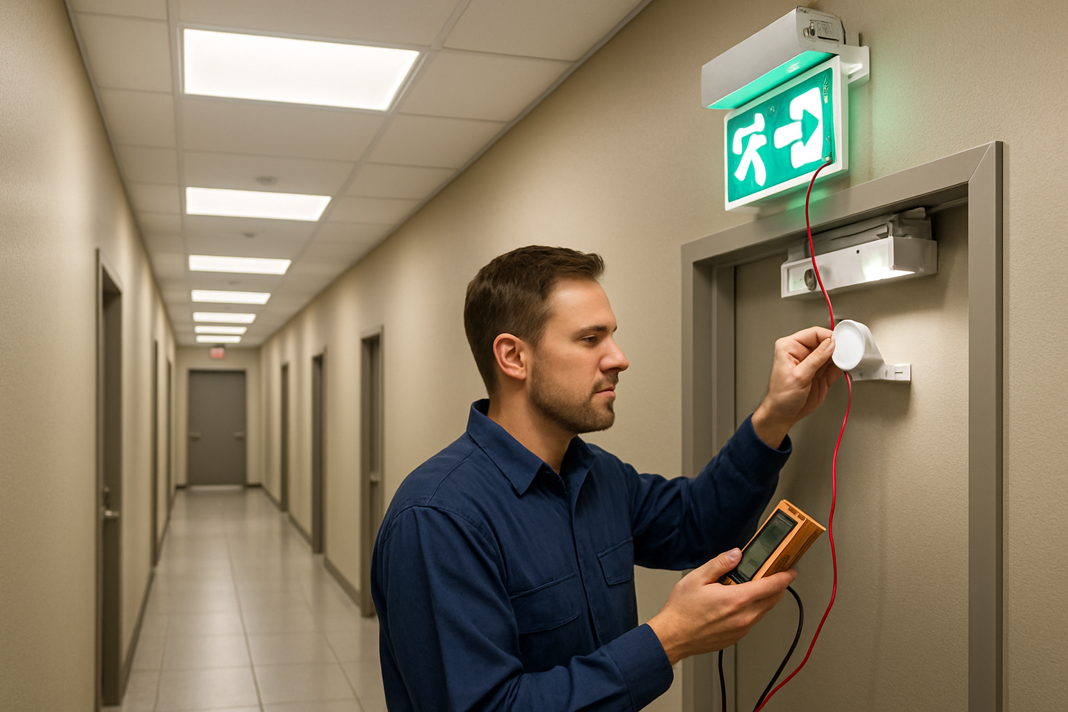 Interior hallway of a clean commercial building in Libertyville Illinois with bright emergency exit signs, modern LED ceiling lights, and an electrician testing emergency lighting during an October maintenance visit, realistic photography