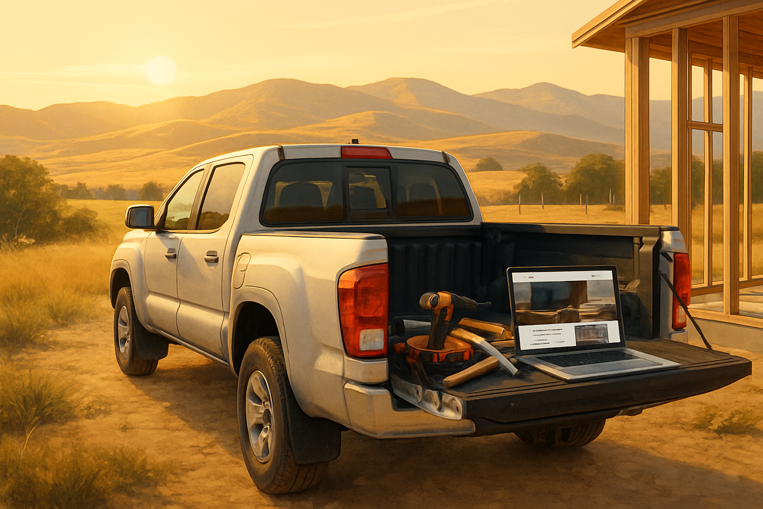 A warm July morning in Sheridan, Wyoming with golden sunlight over rolling foothills, a contractor’s pickup truck parked near a job site, construction tools in the truck bed, and a laptop open on the tailgate showing a modern contractor website