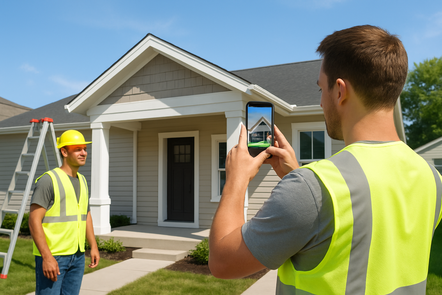 A contractor team at an active summer job site photographing a newly completed exterior remodel, with blue sky, bright sunlight, safety vests, ladders, clean materials, and a smartphone capturing website-ready project images