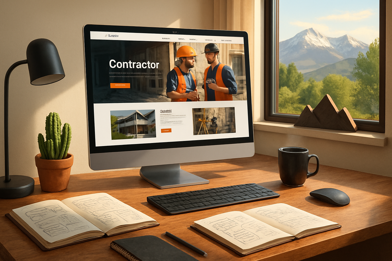 A modern office workspace in Sheridan, Wyoming with a large monitor displaying a polished contractor website, notebooks with website strategy sketches, coffee, mountain-inspired decor, and warm summer light coming through the window