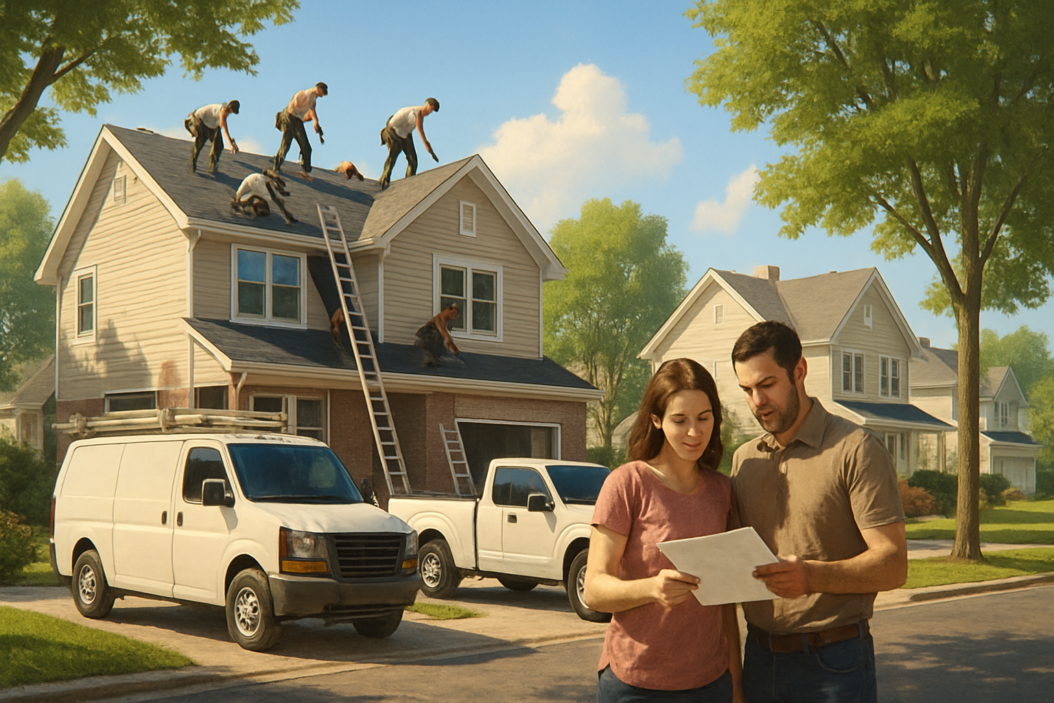 A busy residential neighborhood in midsummer with a roofing crew working under a bright July sky, service trucks parked curbside, homeowners looking at exterior project estimates, warm sunlight, realistic contractor marketing atmosphere