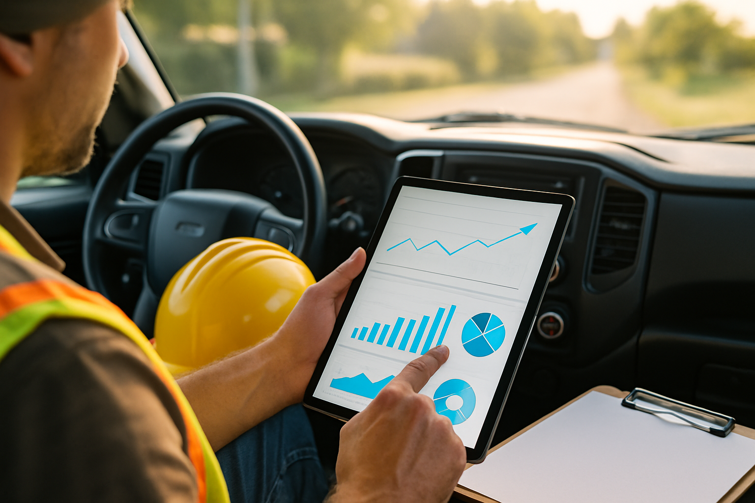 A close-up view of a contractor reviewing digital marketing analytics on a tablet inside a work truck, with graphs showing rising July search traffic, a hard hat and clipboard nearby, bright summer light through the windshield