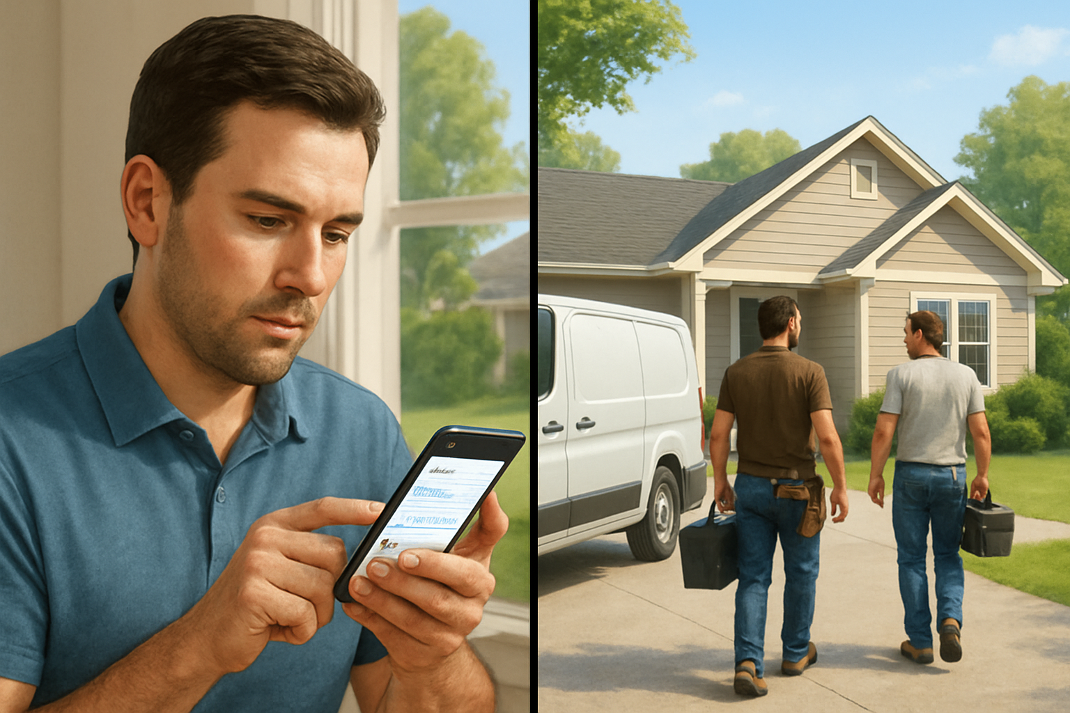 A split-screen style realistic scene showing a homeowner searching for a local contractor on a smartphone while a contractor team arrives at a job site in the background, summer weather, Google-style search results visible but not branded
