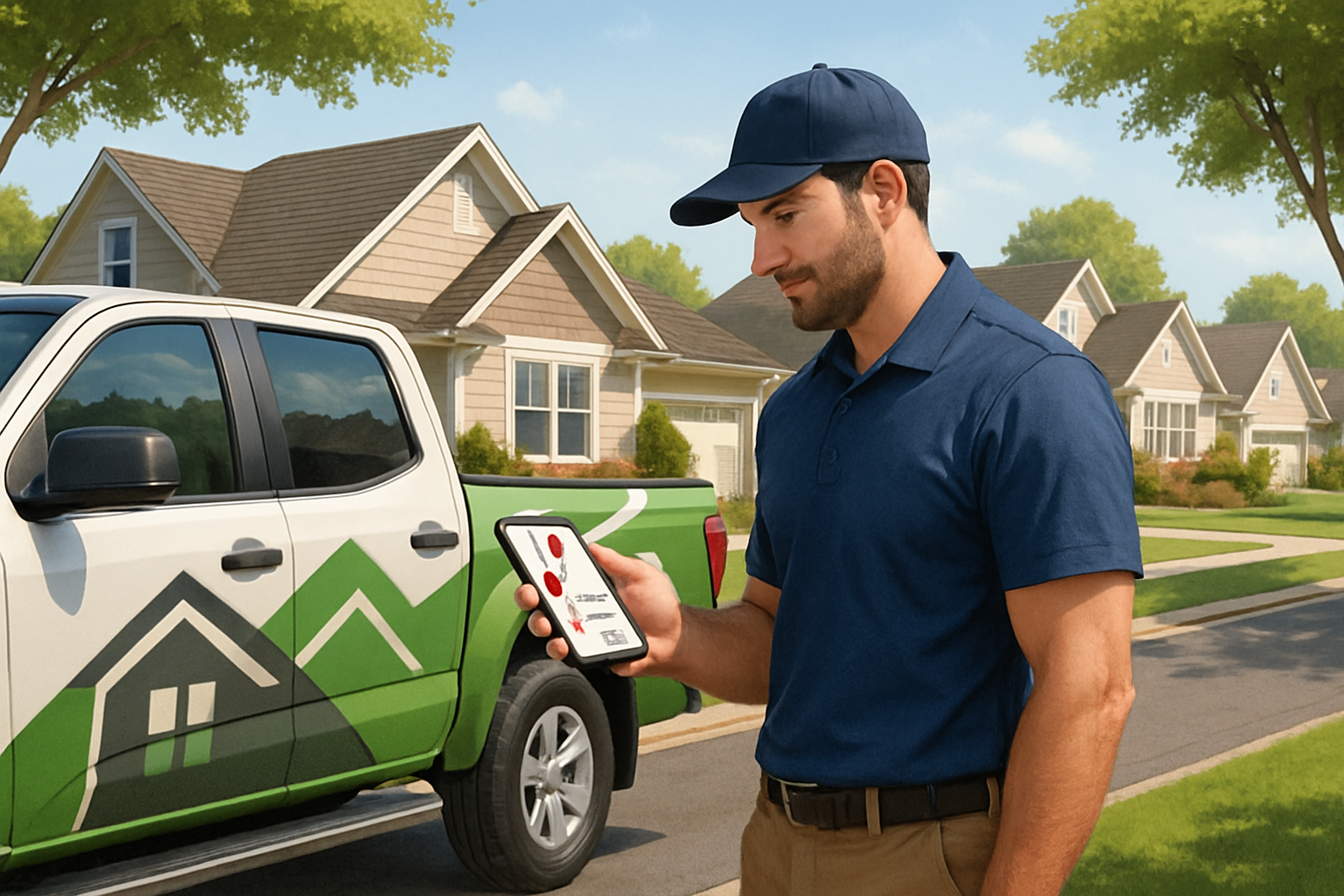 A professional contractor standing beside a wrapped work truck in a sunny suburban neighborhood during July, checking a smartphone with Google map pins and customer inquiries visible, with freshly repaired roofing and landscaped homes in the background