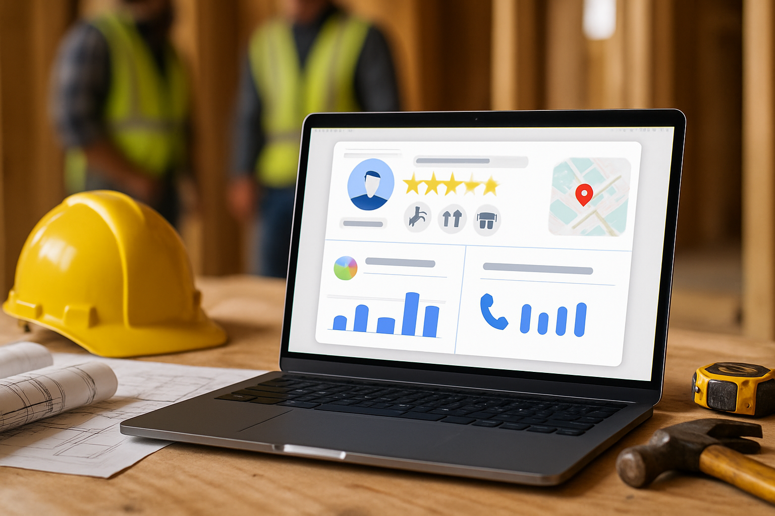 Close-up of a laptop dashboard showing a Google Business Profile for a contractor with review stars, service categories, map visibility metrics, and incoming call data, placed on a jobsite table with tools, blueprints, and a hard hat nearby