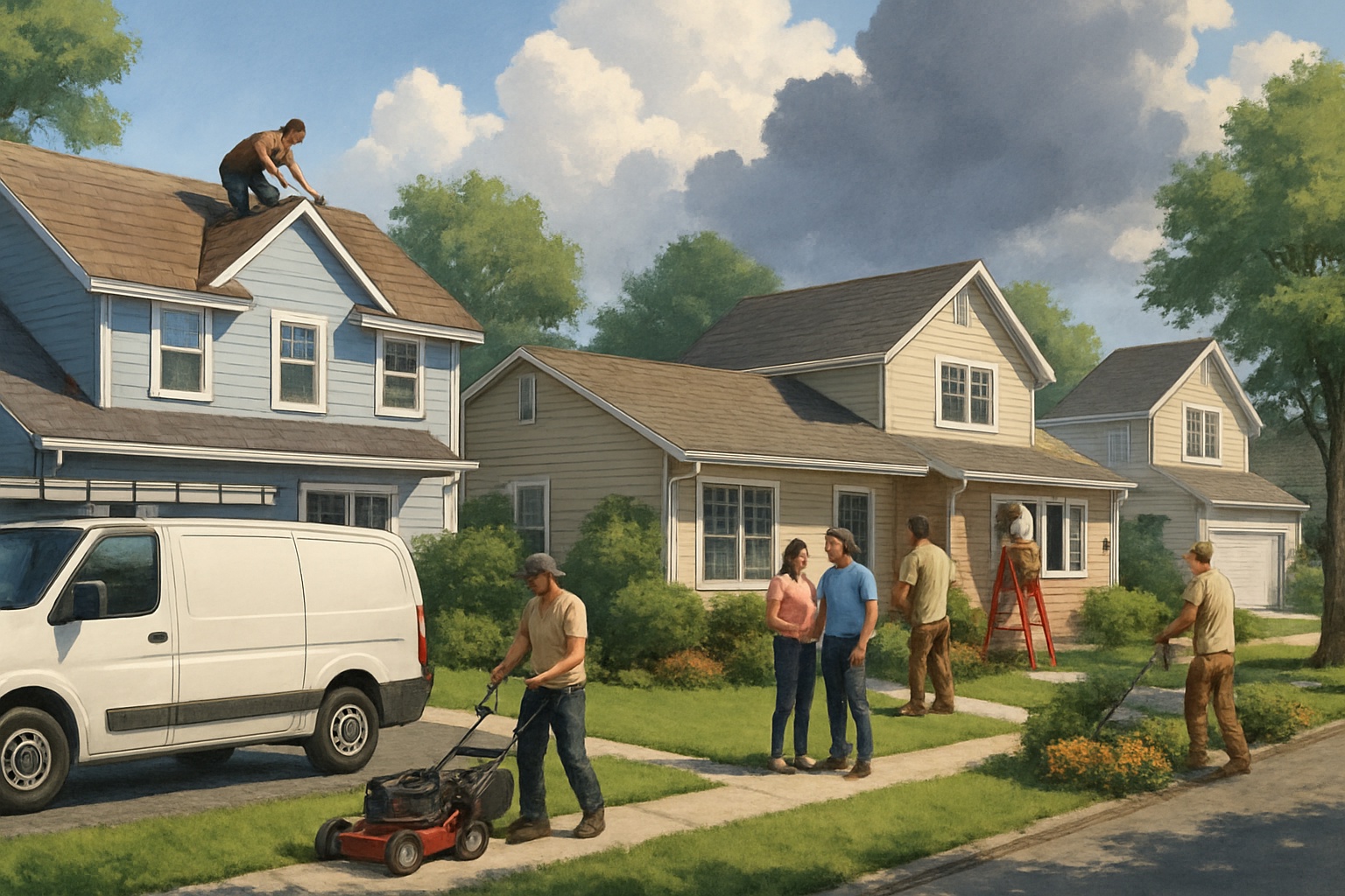 A summer residential street with multiple contractor services in action, including roofing repair, HVAC service truck, landscaping crew, and exterior remodeling work, with bright July sunlight, storm clouds clearing in the distance, and homeowners speaking with professionals