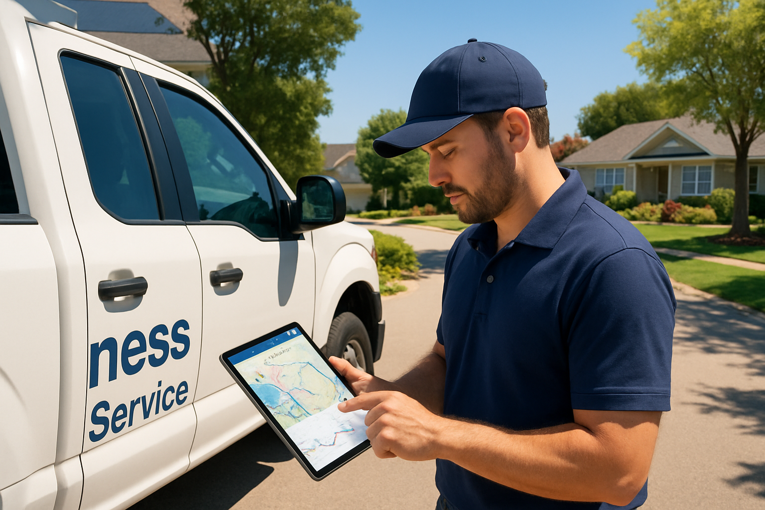 A contractor standing beside a branded work truck in a sunny residential neighborhood in July, reviewing a tablet with local service area maps and search performance data, with well-kept homes and summer landscaping in the background